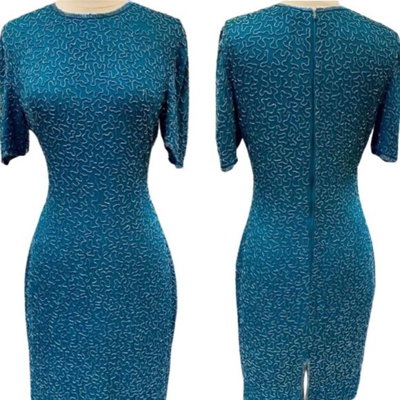 Vintage 100% Silk Peacock Teal Beaded Cocktail Dress - Picture 2 of 13